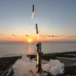 Composite photo showing the Super Heavy booster of SpaceX's Starship megarocket coming in for a landing on the launch mount during the vehicle's fifth-ever test flight on Oct. 13, 2024.