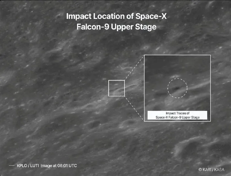 South Korean Orbiter Photographs Fresh Lunar Crater After Falcon 9 Upper Stage Impact