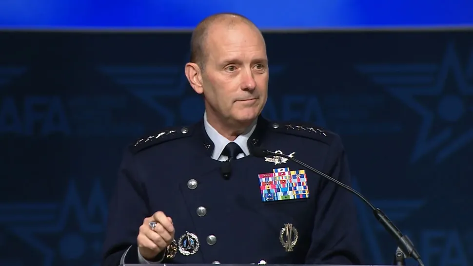 Gen. Douglas Schiess gives the State of the Space Force address at the Air & Space Forces Association’s Air, Space & Cyber Conference in National Harbor, Maryland, on Tuesday (Sept. 15). (Image credit: Air & Space Forces Association)