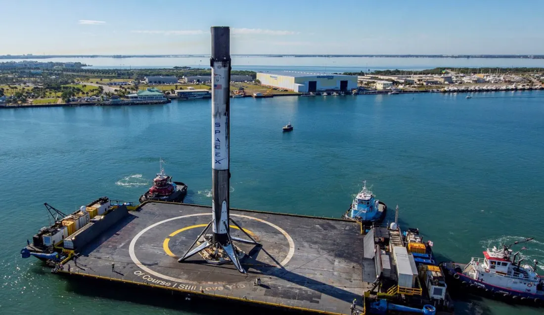 Of Course I Still Love You berthing at Port Canaveral with a Falcon 9 booster – SpaceX