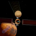 Still from a Blue Origin animation showing its Mars Telecommunications Network orbiter at the Red Planet. (Image credit: Blue Origin)