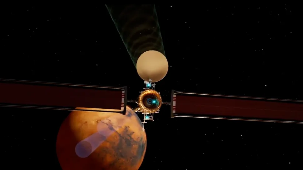 Still from a Blue Origin animation showing its Mars Telecommunications Network orbiter at the Red Planet. (Image credit: Blue Origin)