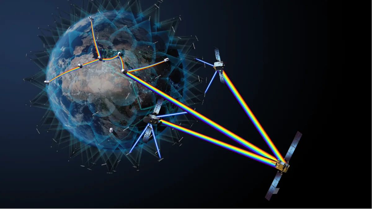 Artist’s impression of a satellite network connected by optical links. Credit: ESA.