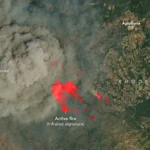 Wildfires on Rhodes, Greece, captured by Landsat 8 on July 19, 2023. Active fires are highlighted in red. Credit NASA Earth Observatory Lauren Dauphin, using USGS Landsat data.