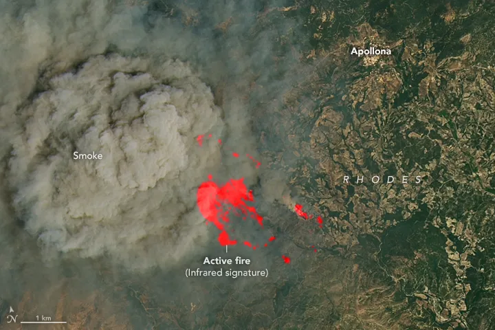 Wildfires on Rhodes, Greece, captured by Landsat 8 on July 19, 2023. Active fires are highlighted in red. Credit NASA Earth Observatory Lauren Dauphin, using USGS Landsat data.